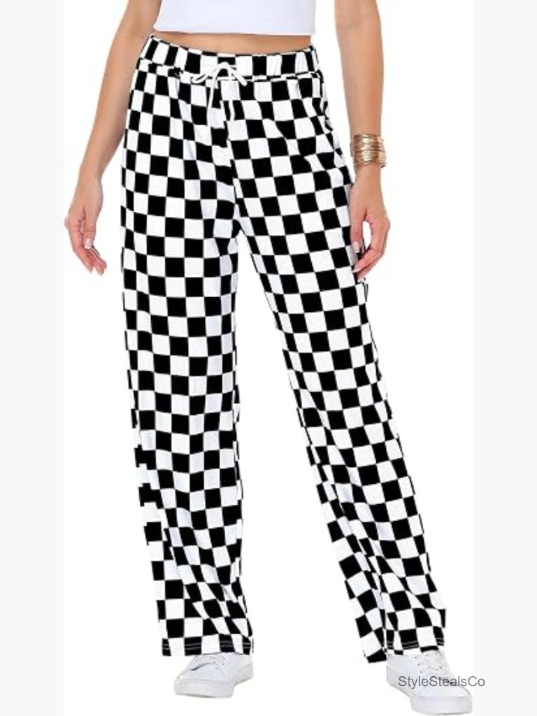 High Waist Checkered Sweatpants Loose Wide Leg Pockets Loungewear